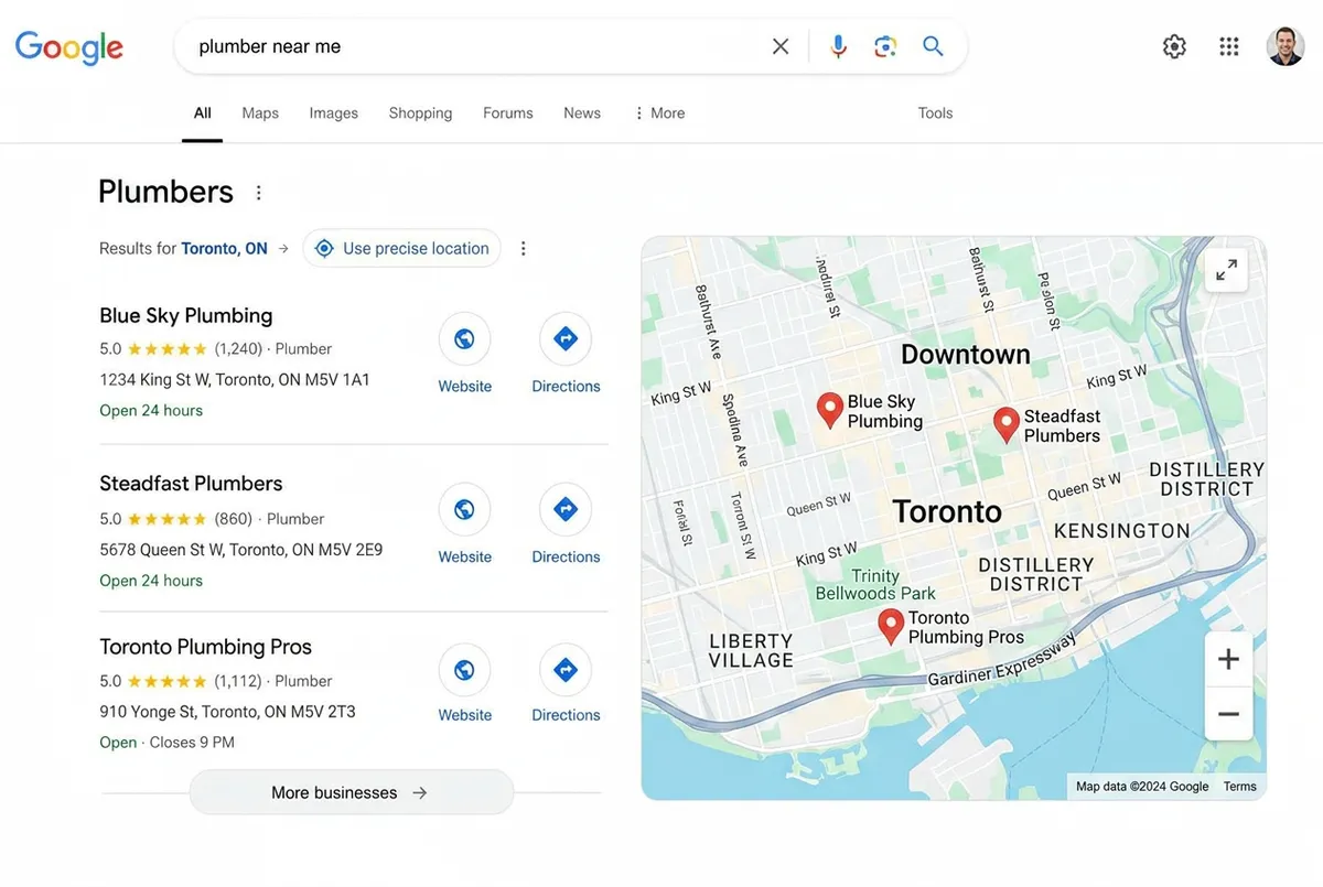 Example of a Google Maps Local 3-Pack showing three top-ranked local businesses with star ratings, reviews and addresses